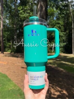 Gumdrop Green 40 oz Stanley Quencher H2.0 Tumbler - Teal w/ Holographic Accents